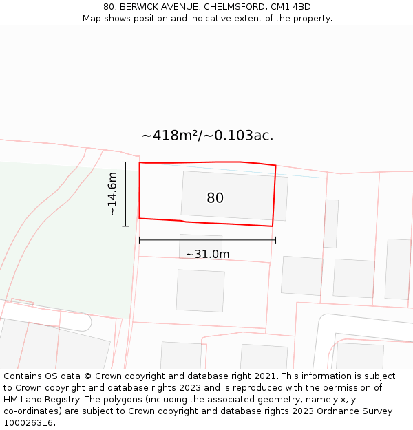 80, BERWICK AVENUE, CHELMSFORD, CM1 4BD: Plot and title map