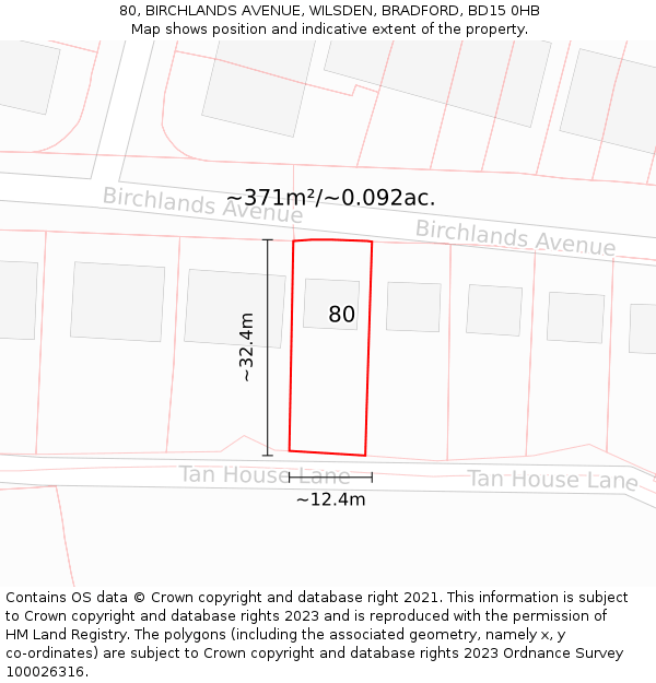 80, BIRCHLANDS AVENUE, WILSDEN, BRADFORD, BD15 0HB: Plot and title map