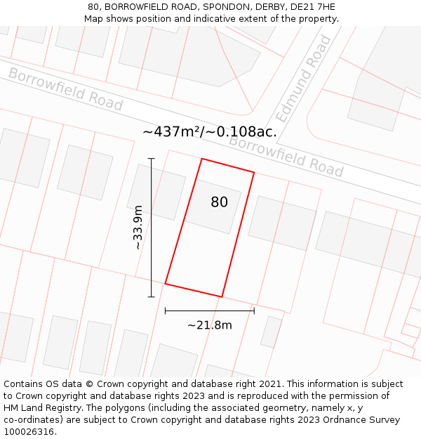 80, BORROWFIELD ROAD, SPONDON, DERBY, DE21 7HE: Plot and title map