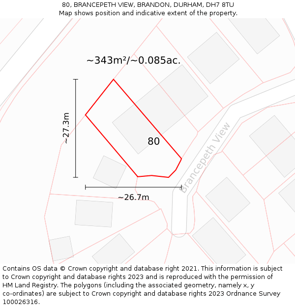 80, BRANCEPETH VIEW, BRANDON, DURHAM, DH7 8TU: Plot and title map