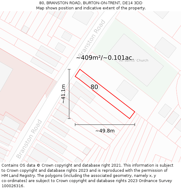 80, BRANSTON ROAD, BURTON-ON-TRENT, DE14 3DD: Plot and title map