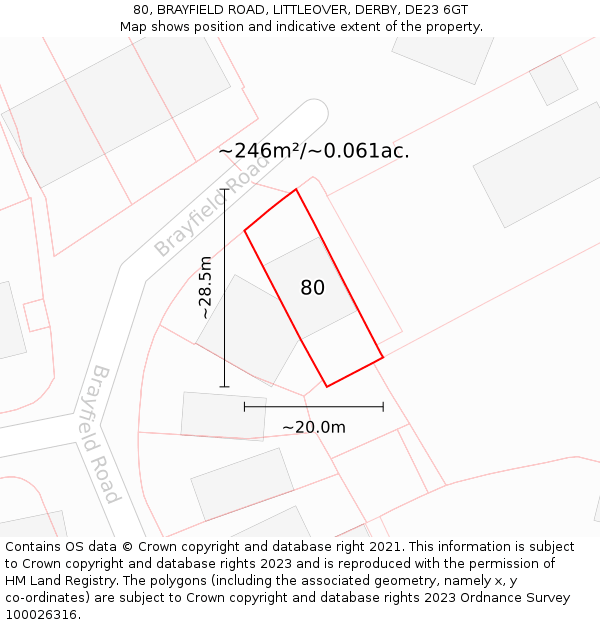 80, BRAYFIELD ROAD, LITTLEOVER, DERBY, DE23 6GT: Plot and title map