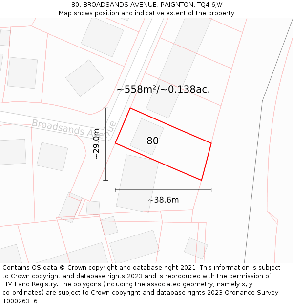 80, BROADSANDS AVENUE, PAIGNTON, TQ4 6JW: Plot and title map