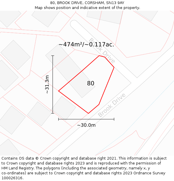 80, BROOK DRIVE, CORSHAM, SN13 9AY: Plot and title map