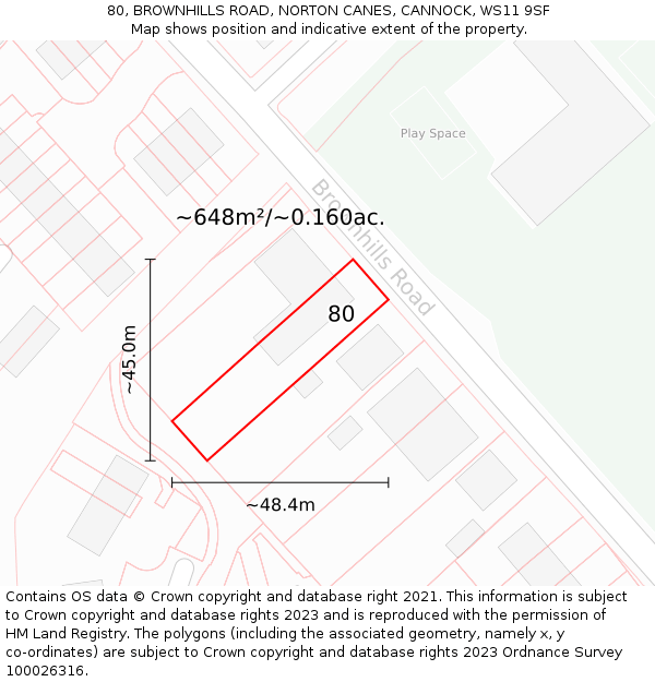 80, BROWNHILLS ROAD, NORTON CANES, CANNOCK, WS11 9SF: Plot and title map