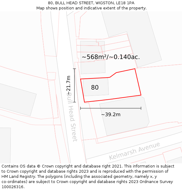 80, BULL HEAD STREET, WIGSTON, LE18 1PA: Plot and title map