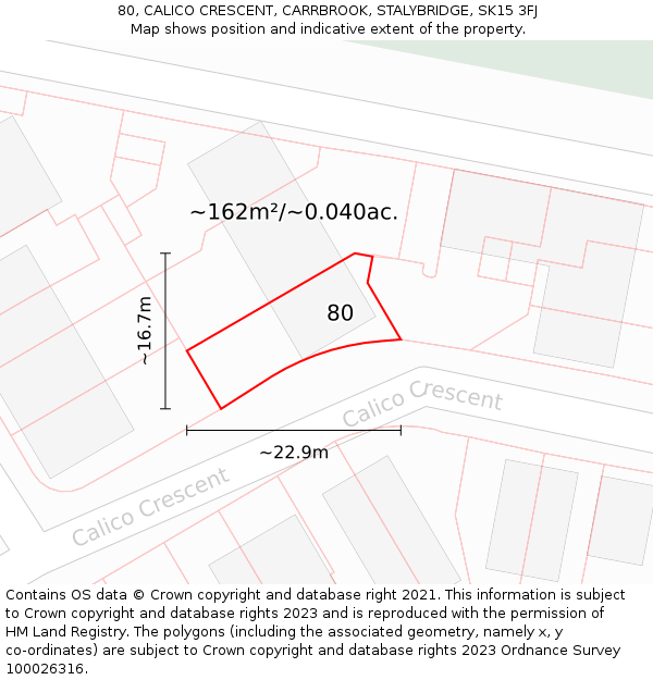 80, CALICO CRESCENT, CARRBROOK, STALYBRIDGE, SK15 3FJ: Plot and title map