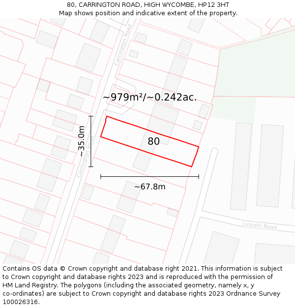 80, CARRINGTON ROAD, HIGH WYCOMBE, HP12 3HT: Plot and title map