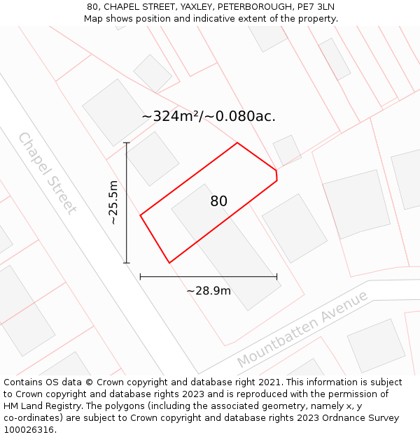 80, CHAPEL STREET, YAXLEY, PETERBOROUGH, PE7 3LN: Plot and title map