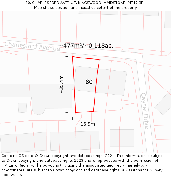 80, CHARLESFORD AVENUE, KINGSWOOD, MAIDSTONE, ME17 3PH: Plot and title map