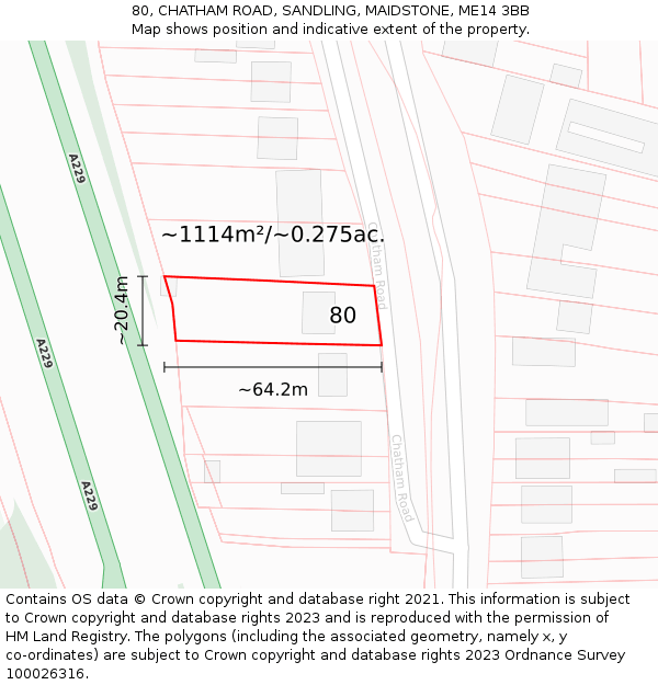 80, CHATHAM ROAD, SANDLING, MAIDSTONE, ME14 3BB: Plot and title map
