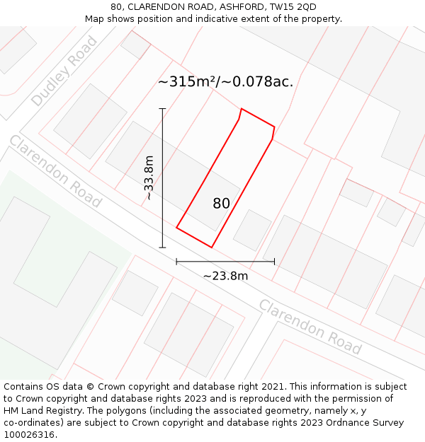 80, CLARENDON ROAD, ASHFORD, TW15 2QD: Plot and title map