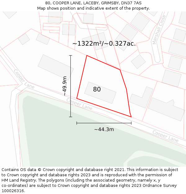 80, COOPER LANE, LACEBY, GRIMSBY, DN37 7AS: Plot and title map