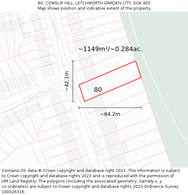 80, COWSLIP HILL, LETCHWORTH GARDEN CITY, SG6 4EX: Plot and title map