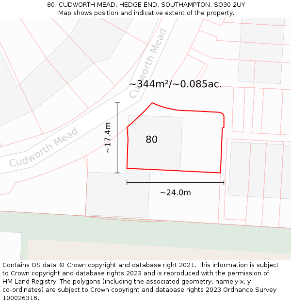 80, CUDWORTH MEAD, HEDGE END, SOUTHAMPTON, SO30 2UY: Plot and title map