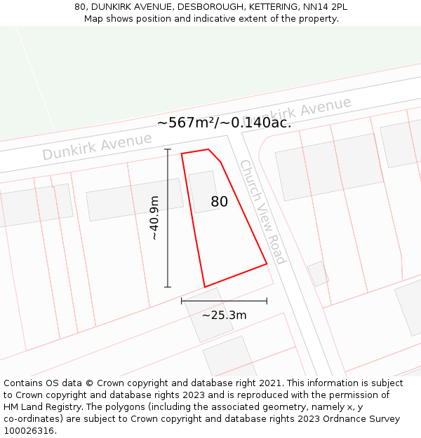 80, DUNKIRK AVENUE, DESBOROUGH, KETTERING, NN14 2PL: Plot and title map