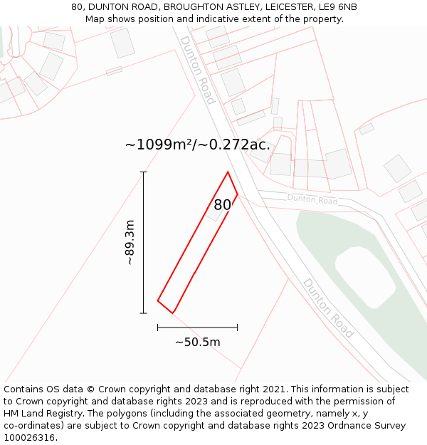 80, DUNTON ROAD, BROUGHTON ASTLEY, LEICESTER, LE9 6NB: Plot and title map