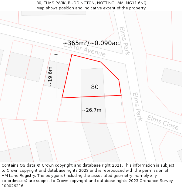 80, ELMS PARK, RUDDINGTON, NOTTINGHAM, NG11 6NQ: Plot and title map