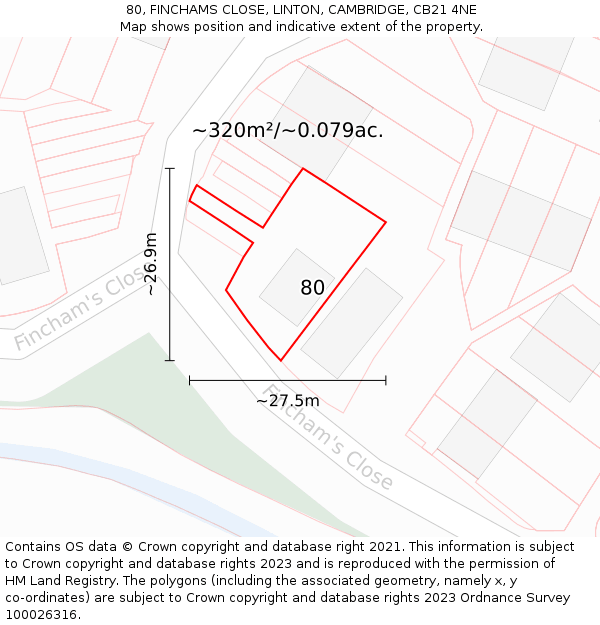 80, FINCHAMS CLOSE, LINTON, CAMBRIDGE, CB21 4NE: Plot and title map