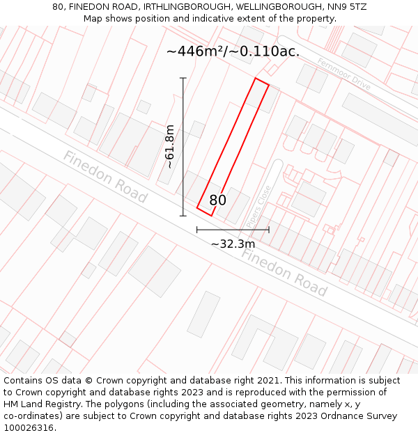 80, FINEDON ROAD, IRTHLINGBOROUGH, WELLINGBOROUGH, NN9 5TZ: Plot and title map