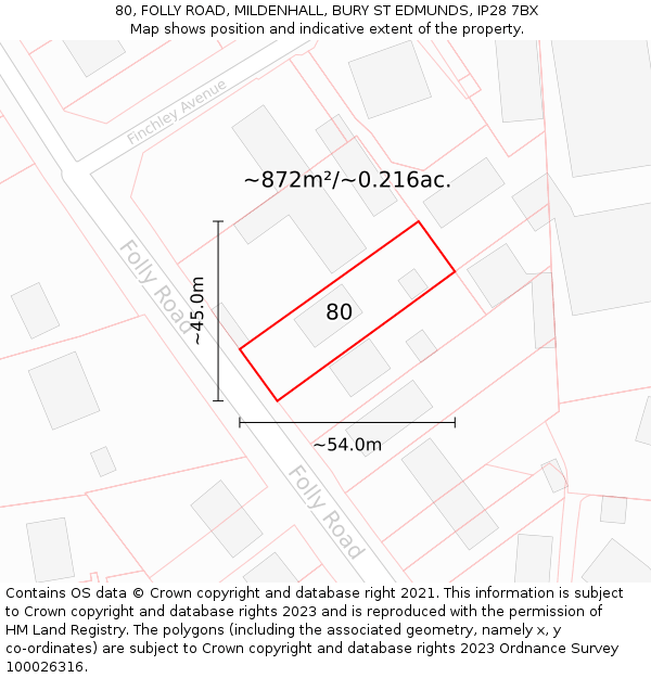 80, FOLLY ROAD, MILDENHALL, BURY ST EDMUNDS, IP28 7BX: Plot and title map