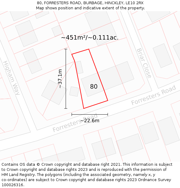 80, FORRESTERS ROAD, BURBAGE, HINCKLEY, LE10 2RX: Plot and title map