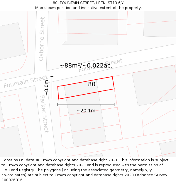 80, FOUNTAIN STREET, LEEK, ST13 6JY: Plot and title map