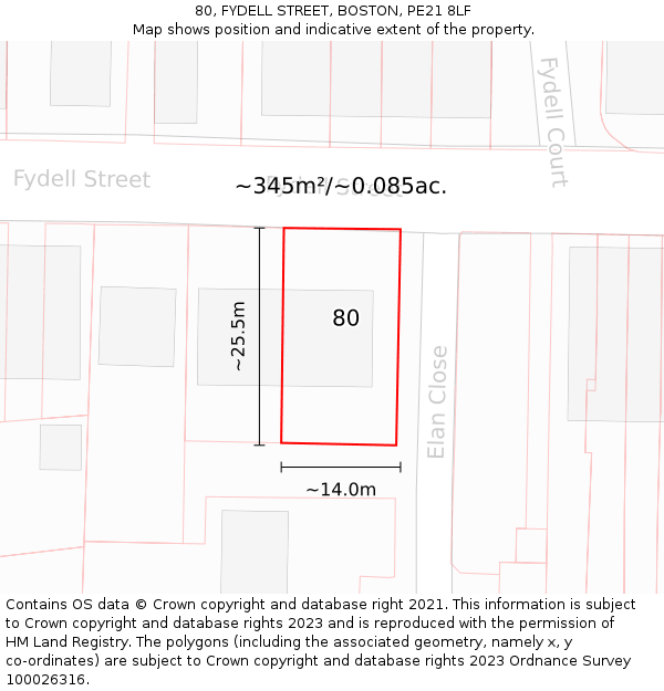 80, FYDELL STREET, BOSTON, PE21 8LF: Plot and title map