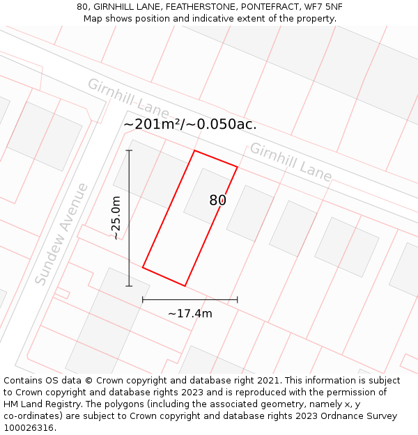 80, GIRNHILL LANE, FEATHERSTONE, PONTEFRACT, WF7 5NF: Plot and title map