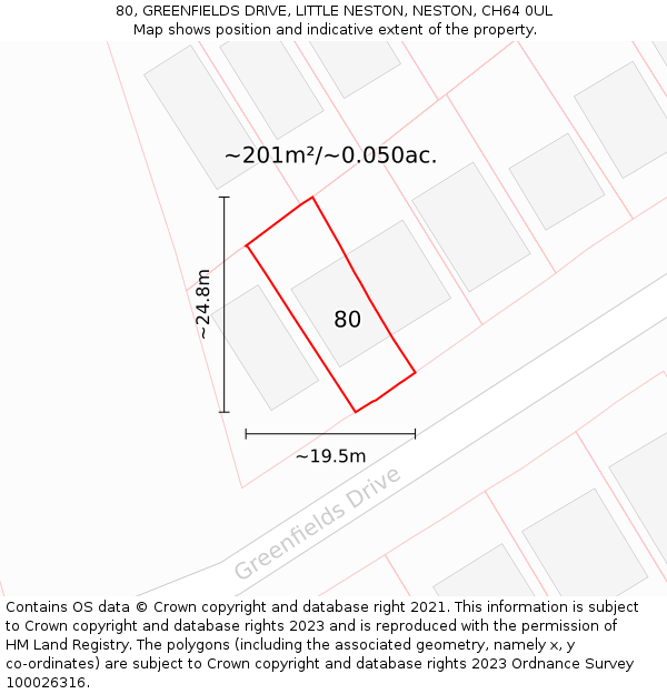 80, GREENFIELDS DRIVE, LITTLE NESTON, NESTON, CH64 0UL: Plot and title map