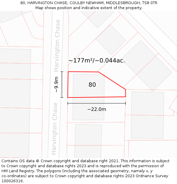 80, HARVINGTON CHASE, COULBY NEWHAM, MIDDLESBROUGH, TS8 0TR: Plot and title map