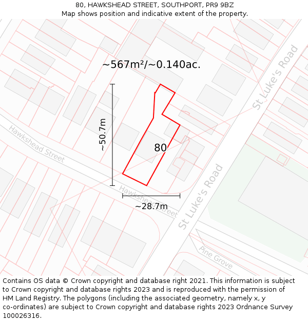 80, HAWKSHEAD STREET, SOUTHPORT, PR9 9BZ: Plot and title map