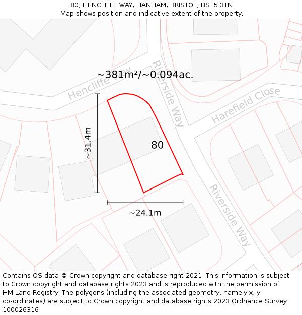 80, HENCLIFFE WAY, HANHAM, BRISTOL, BS15 3TN: Plot and title map