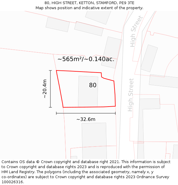 80, HIGH STREET, KETTON, STAMFORD, PE9 3TE: Plot and title map