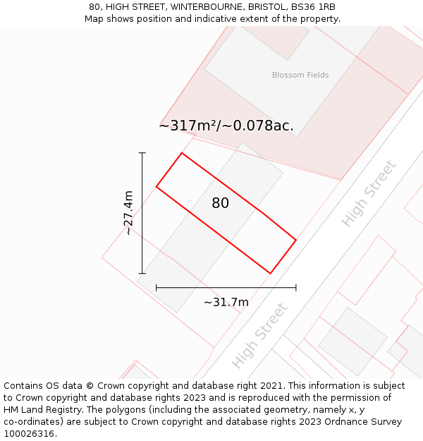 80, HIGH STREET, WINTERBOURNE, BRISTOL, BS36 1RB: Plot and title map