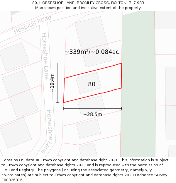 80, HORSESHOE LANE, BROMLEY CROSS, BOLTON, BL7 9RR: Plot and title map