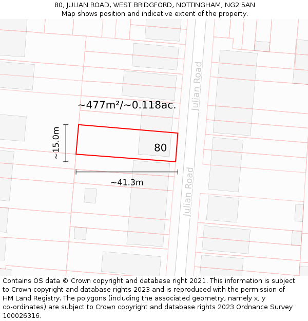 80, JULIAN ROAD, WEST BRIDGFORD, NOTTINGHAM, NG2 5AN: Plot and title map