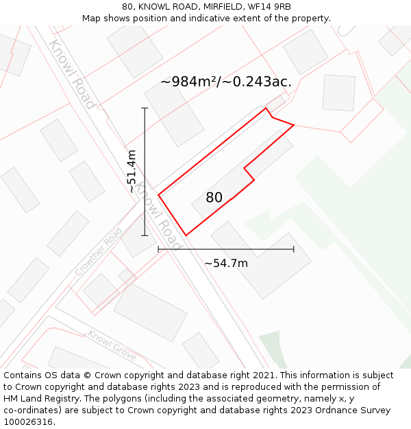 80, KNOWL ROAD, MIRFIELD, WF14 9RB: Plot and title map