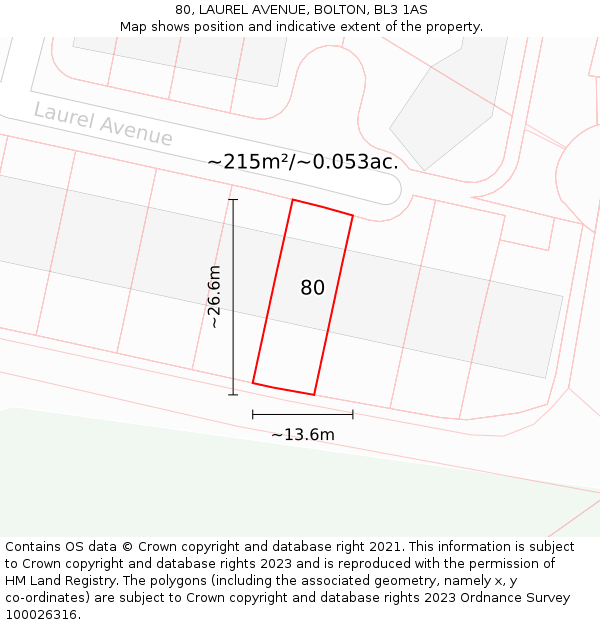 80, LAUREL AVENUE, BOLTON, BL3 1AS: Plot and title map