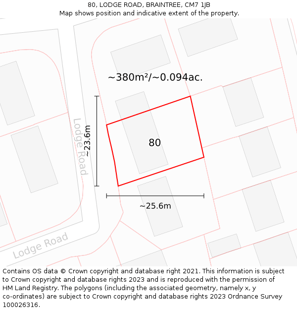 80, LODGE ROAD, BRAINTREE, CM7 1JB: Plot and title map