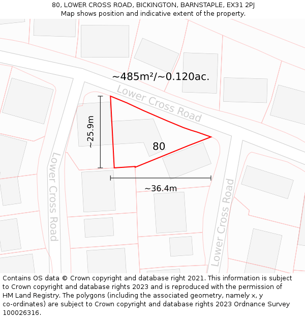 80, LOWER CROSS ROAD, BICKINGTON, BARNSTAPLE, EX31 2PJ: Plot and title map