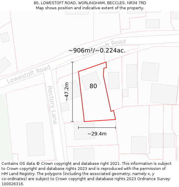 80, LOWESTOFT ROAD, WORLINGHAM, BECCLES, NR34 7RD: Plot and title map