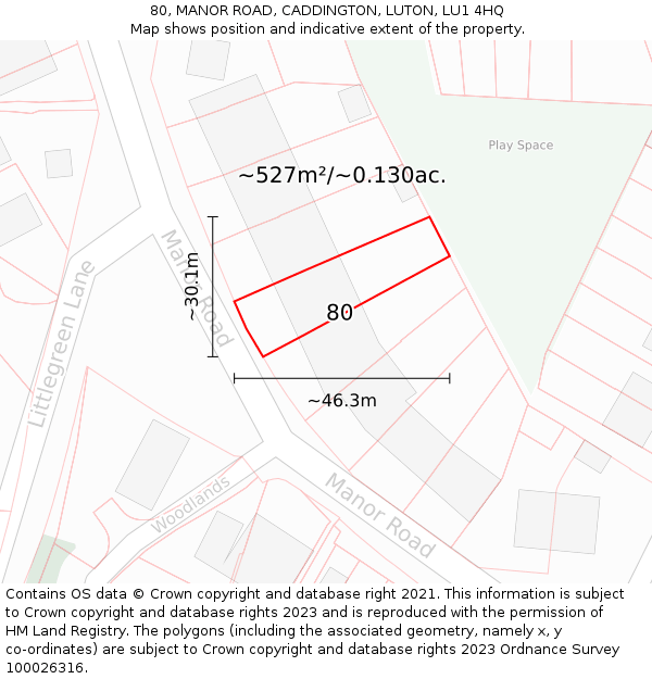 80, MANOR ROAD, CADDINGTON, LUTON, LU1 4HQ: Plot and title map