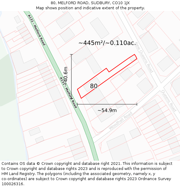 80, MELFORD ROAD, SUDBURY, CO10 1JX: Plot and title map