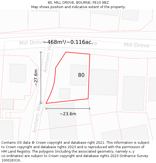 80, MILL DROVE, BOURNE, PE10 9BZ: Plot and title map