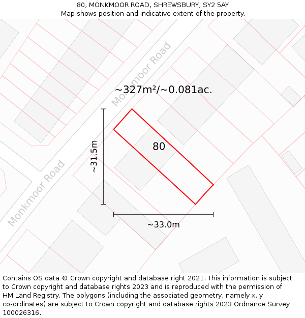 80, MONKMOOR ROAD, SHREWSBURY, SY2 5AY: Plot and title map