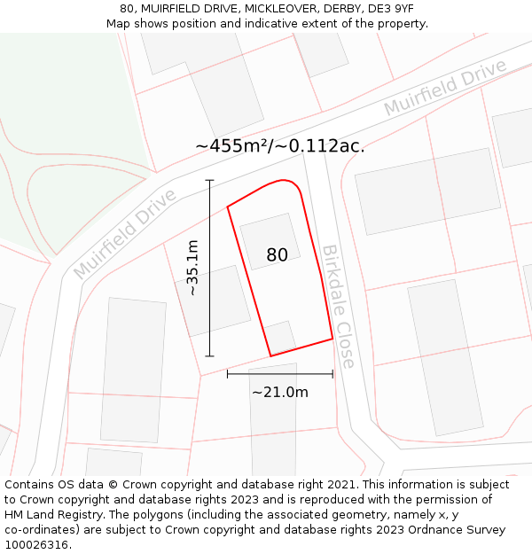 80, MUIRFIELD DRIVE, MICKLEOVER, DERBY, DE3 9YF: Plot and title map