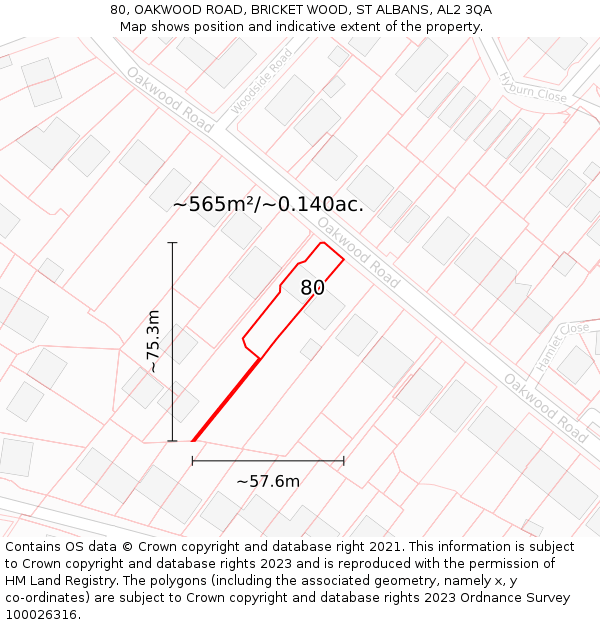 80, OAKWOOD ROAD, BRICKET WOOD, ST ALBANS, AL2 3QA: Plot and title map