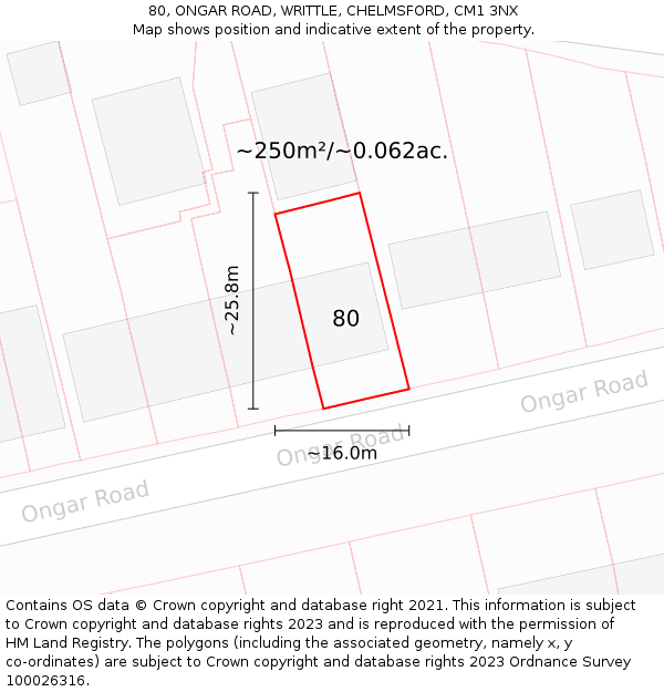 80, ONGAR ROAD, WRITTLE, CHELMSFORD, CM1 3NX: Plot and title map