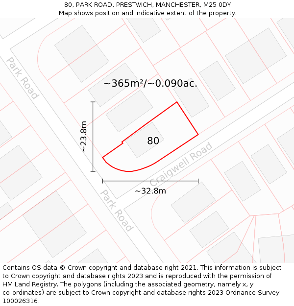 80, PARK ROAD, PRESTWICH, MANCHESTER, M25 0DY: Plot and title map